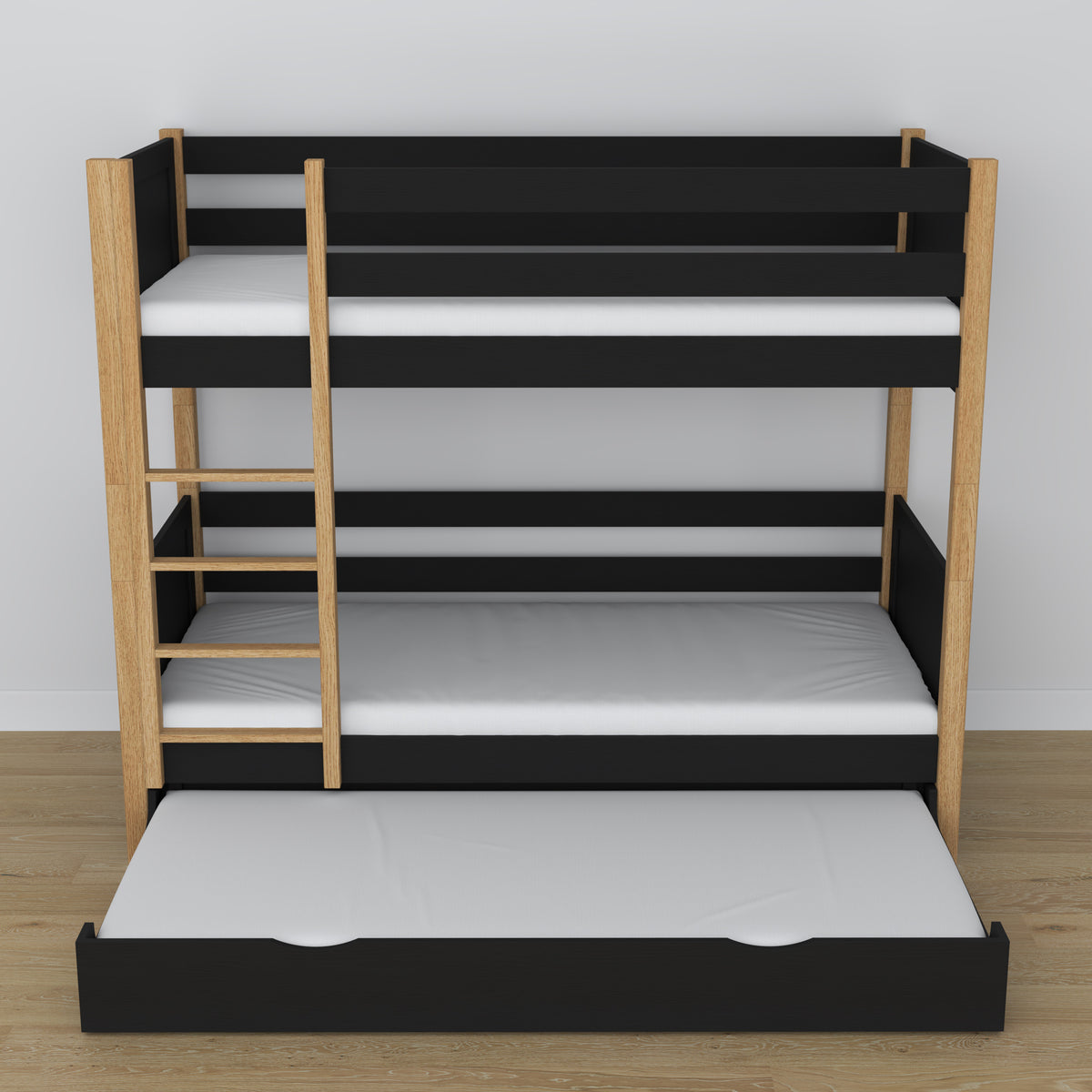 Holz-Etagenbett schwarz-eiche – Inneres der Matratzen-Schublade, Kinderzimmer