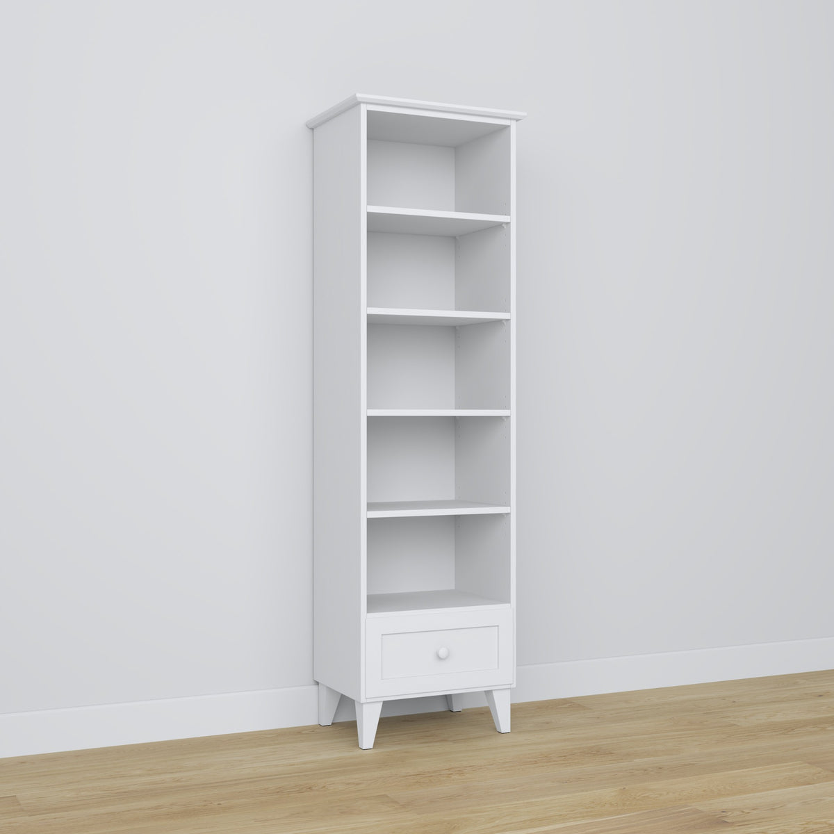 Regal 1S 57 Weiß – Holzelemente, alle Regalböden, Frontansicht, Nizio