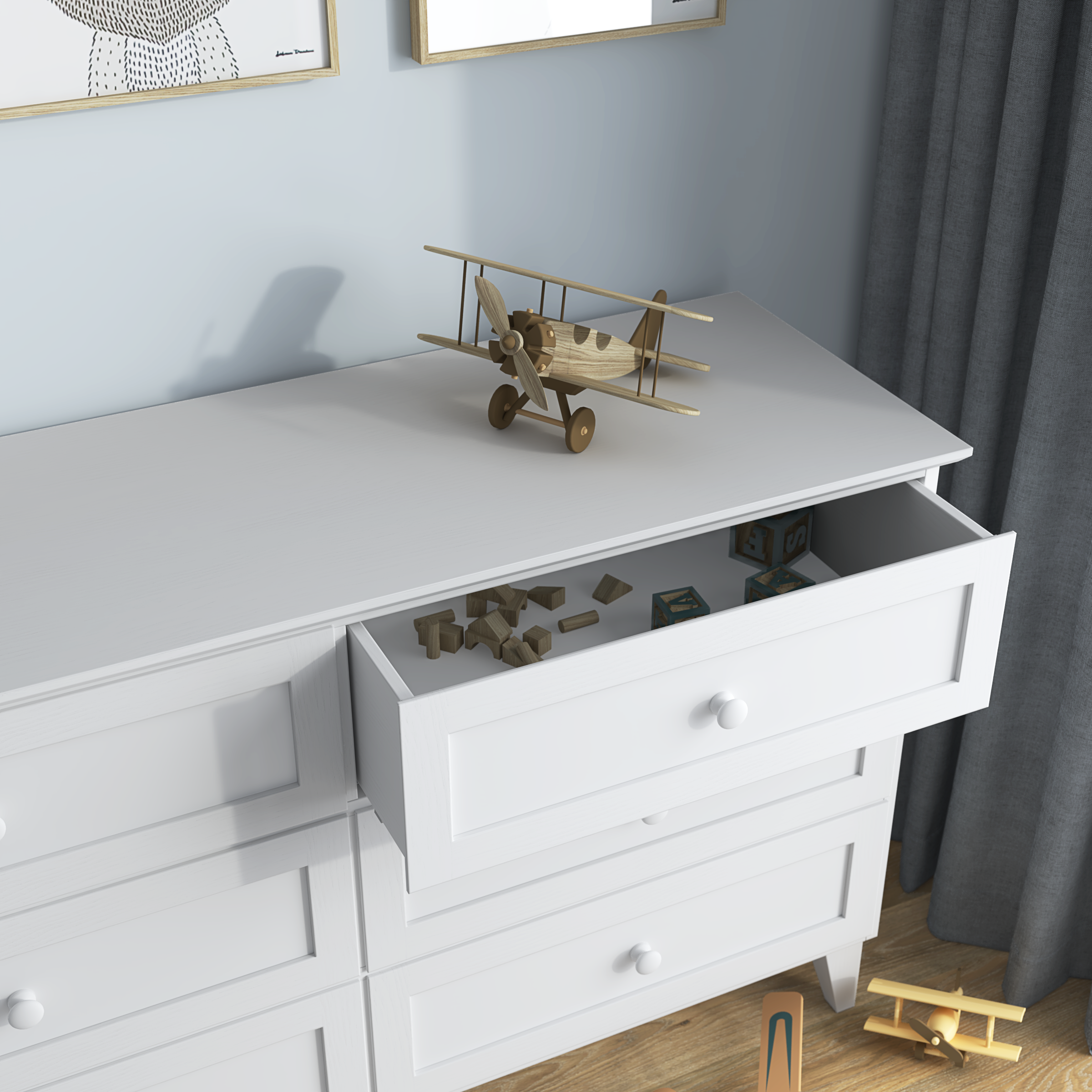 Kommode 6S Weiß aus Holz – Seitenansicht, Tiefe und Profil