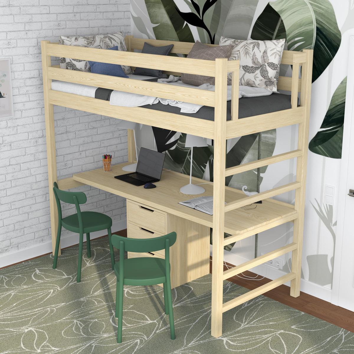 Hochbett Kiefer farblos – Holzschreibtisch unter dem Schlafbereich, Kinderzimmer Scandi