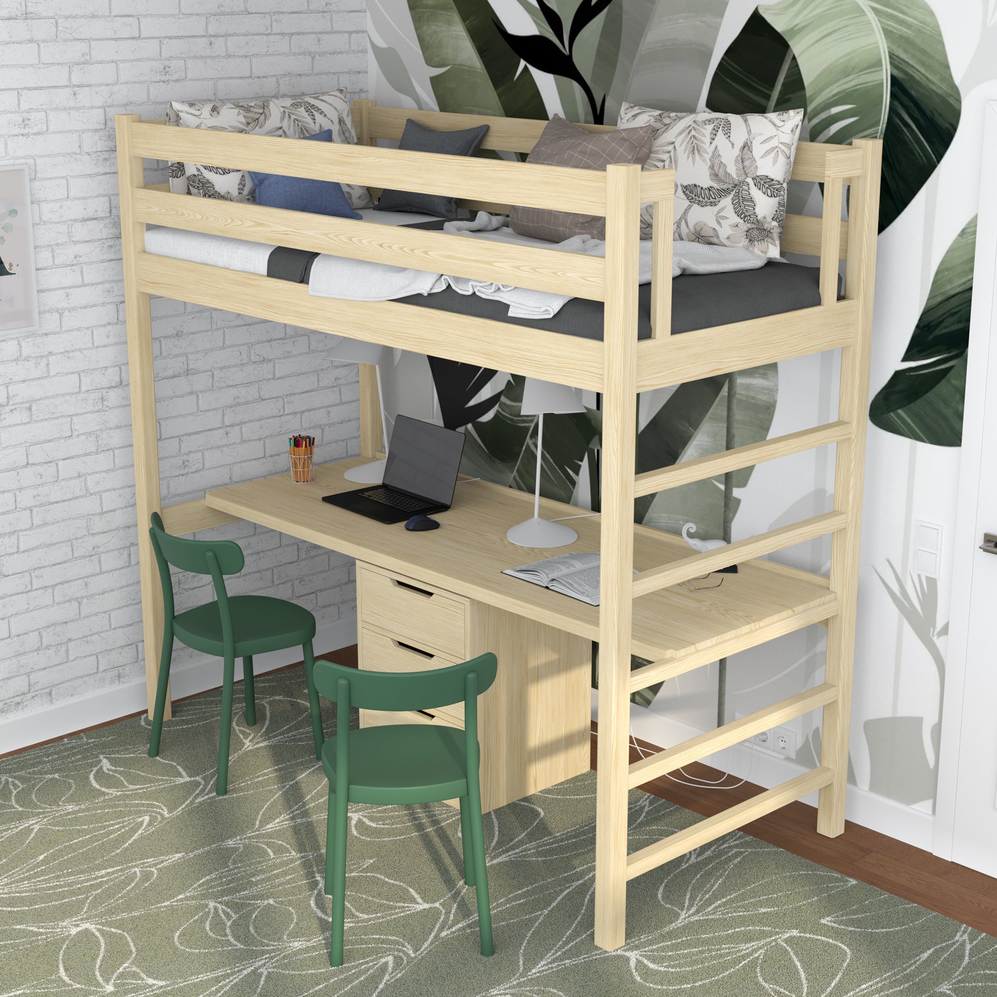 Hochbett Kiefer farblos – Holzschreibtisch unter dem Schlafbereich, Kinderzimmer Scandi