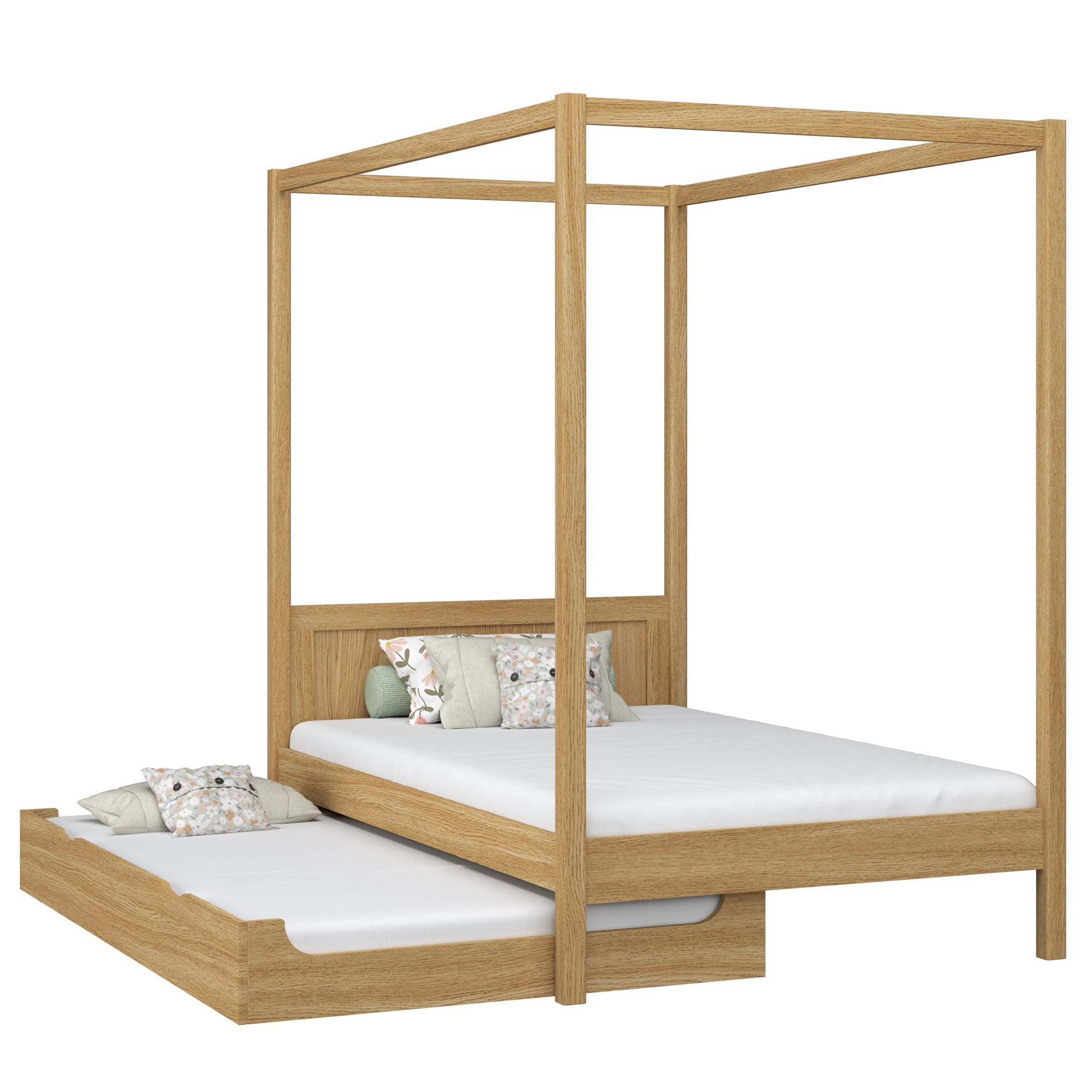 Himmelbett mit Baldachin und Schublade für Matratze Eichenholz Natureiche – Kinderzimmer Scandi