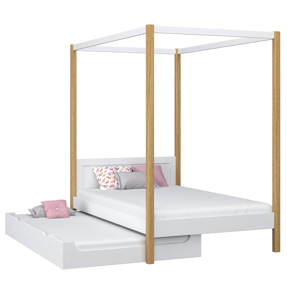 Himmelbett mit Baldachin und Schublade für Matratze Holz Weiß-Eiche – Kinderzimmer Scandi