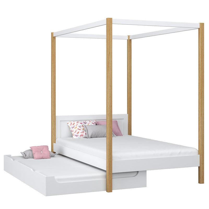 Himmelbett mit Baldachin und Schublade für Matratze Holz Weiß-Eiche – Kinderzimmer Scandi