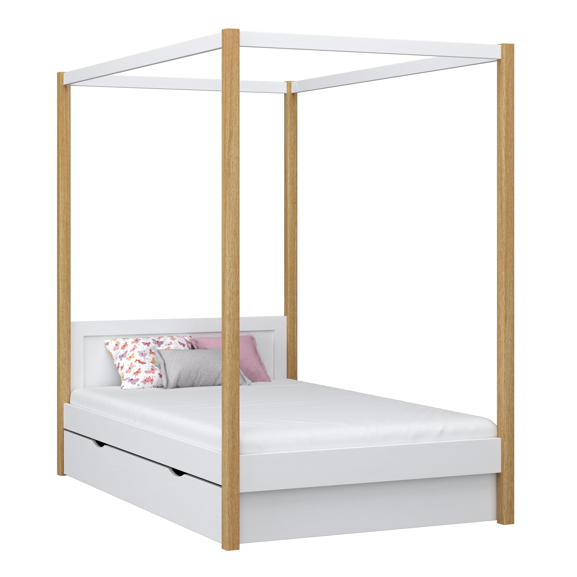 Himmelbett mit Baldachin und Schublade Holz Weiß-Eiche – Kinderzimmer, Scandi-Stil