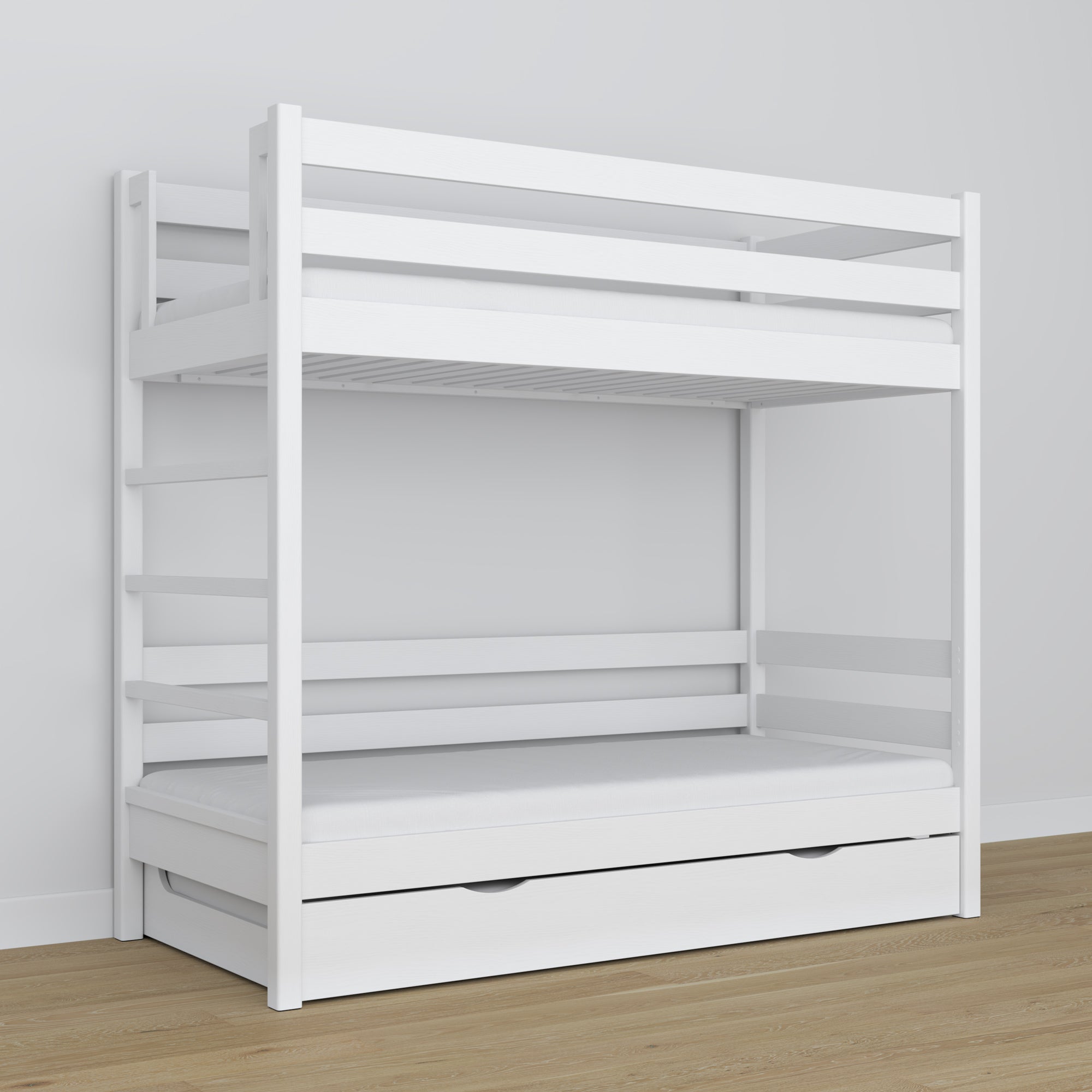 Etagenbett weiß – Holzrahmen mit Latten, Matratzen-Schublade