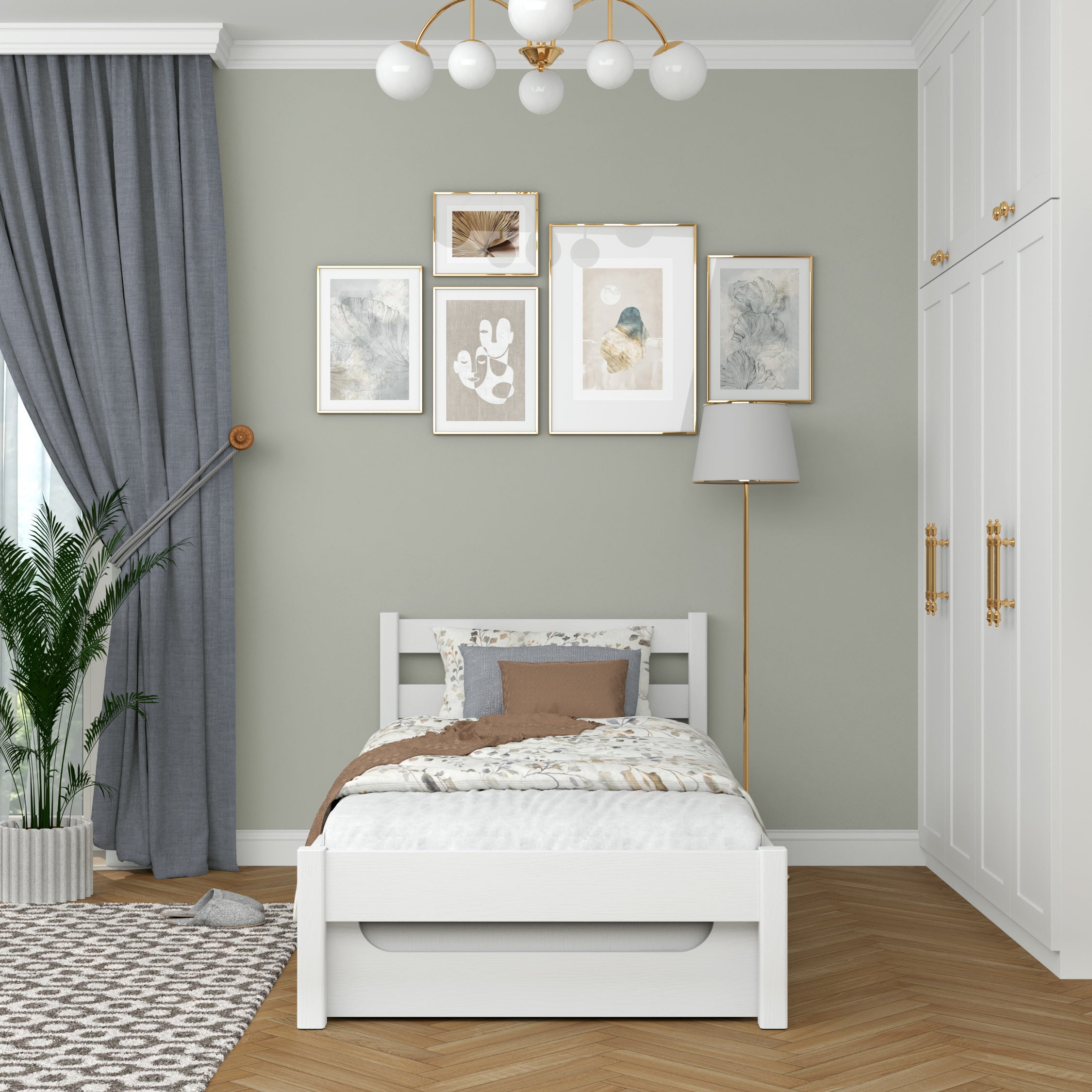 Bett Weiß mit Schublade für Matratze – Seitenansicht, aus Holz, Nizio Home
