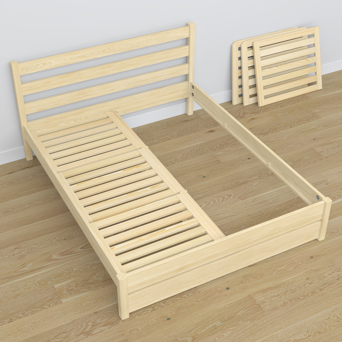 Doppelbett Kiefer farblos aus Holz – Maße und Schema, Nizio Home
