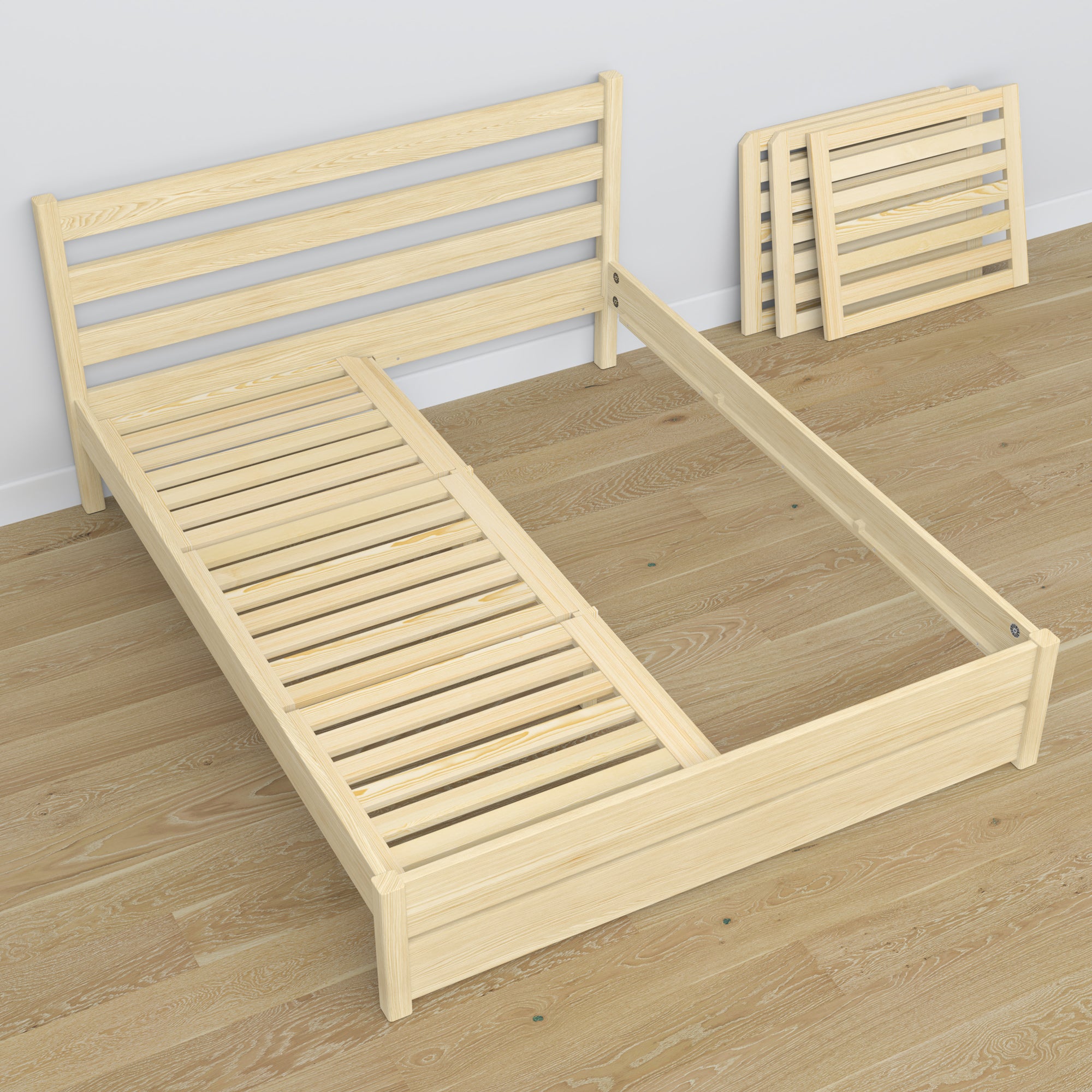 Doppelbett Kiefer farblos aus Holz – Maße und Schema, Nizio Home