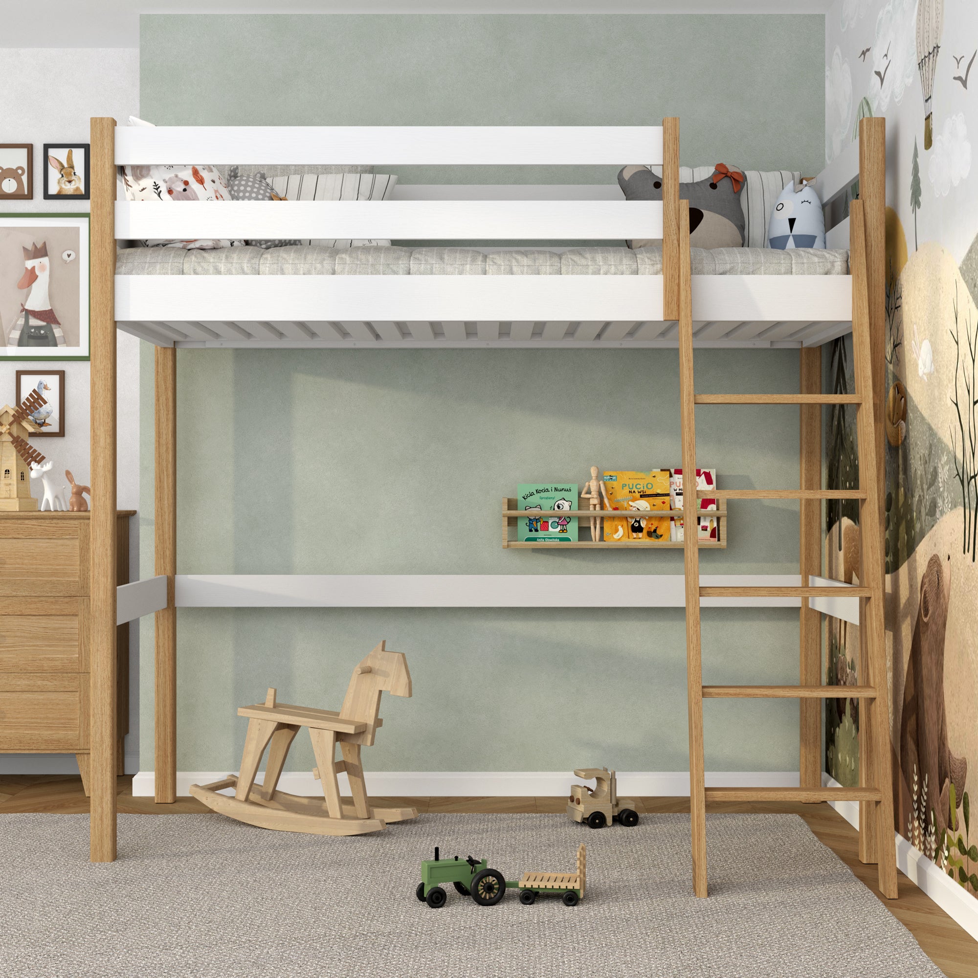 Hochbett aus Holz, Weiß-Eiche – Kinderzimmer, Massivholz, Scandi-Stil