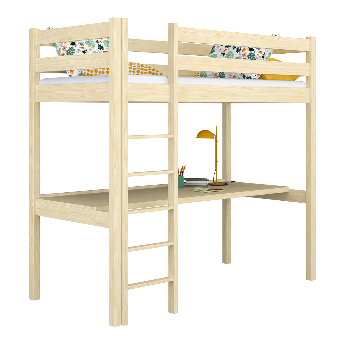 Hochbett mit Schreibtisch aus Holz Kiefer farblos – Kinderzimmer, scandi Nizio