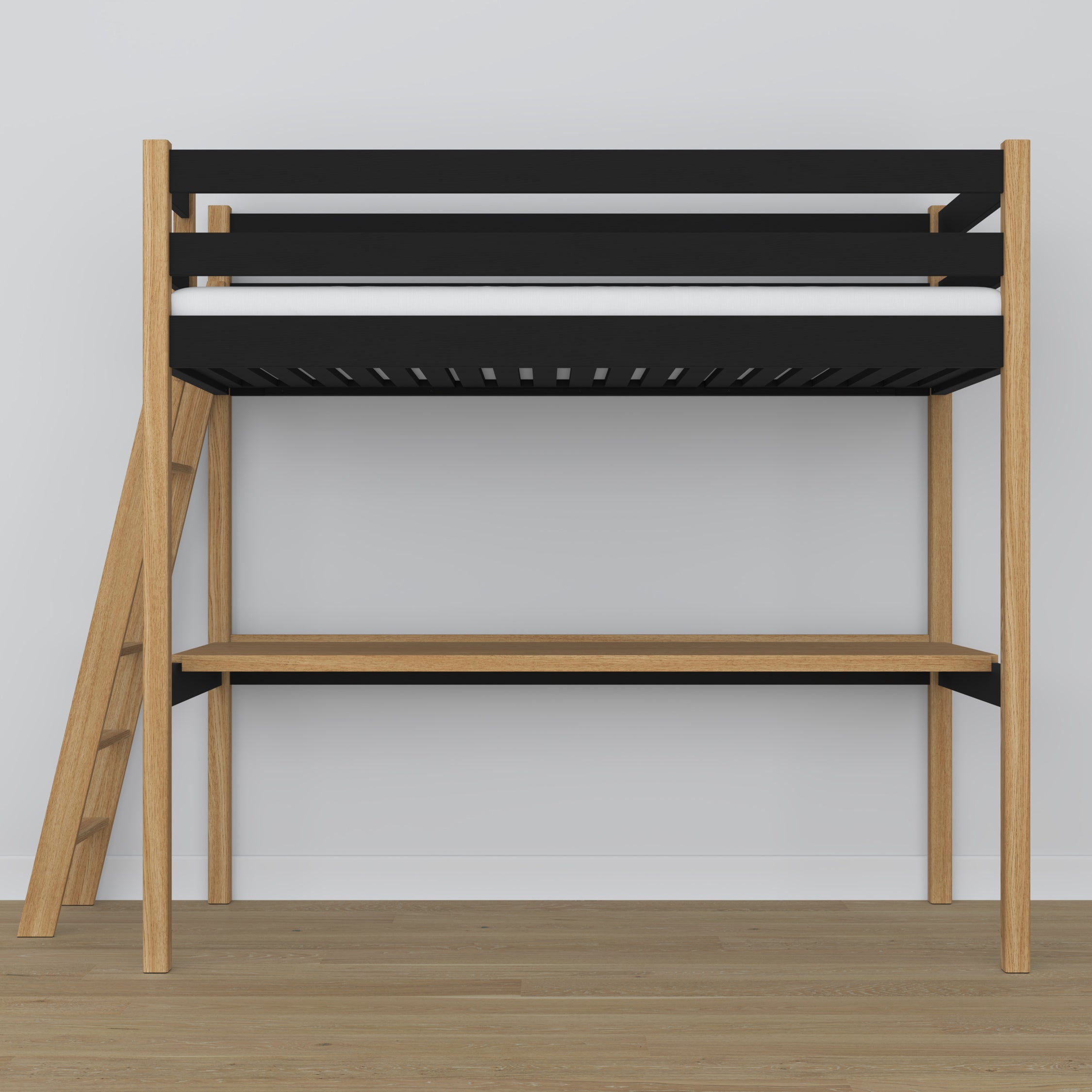 Hochbett schwarz-eiche aus Holz – Draufsicht auf den Schlafbereich, Nizio