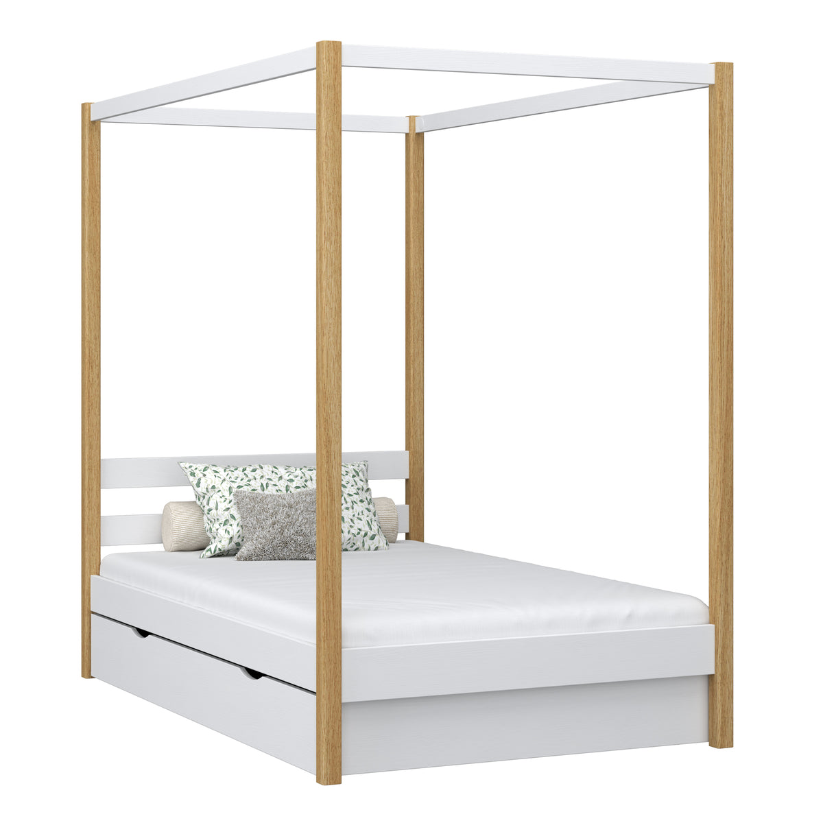 Himmelbett mit Baldachin und Schublade Holz Weiß-Eiche – Kinderzimmer, Scandi-Stil