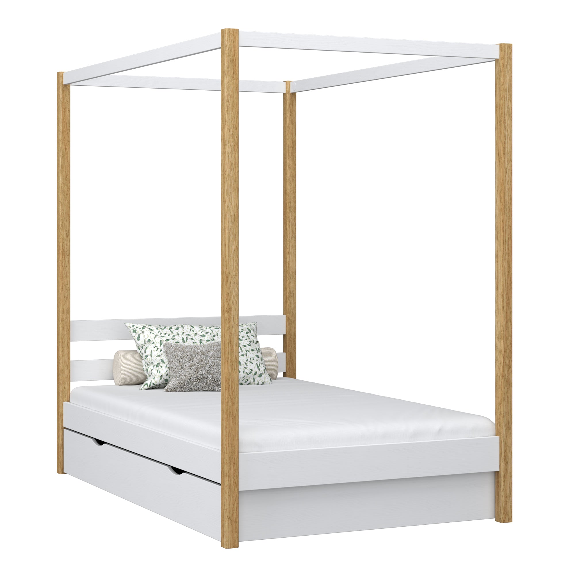 Himmelbett mit Baldachin und Schublade Holz Weiß-Eiche – Kinderzimmer, Scandi-Stil