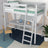 Loft bed grey – wooden desk under the sleeping area, scandi children’s room