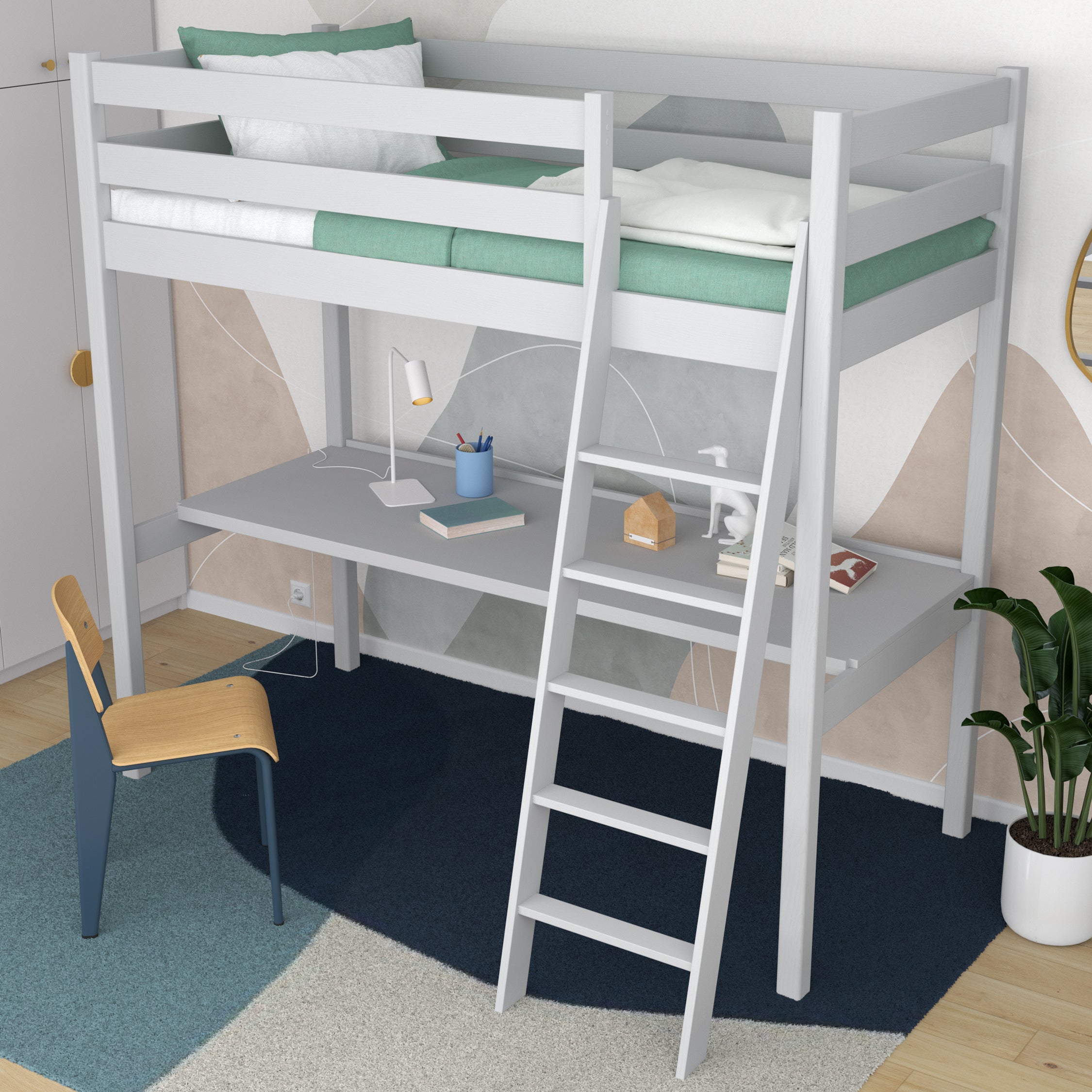 Loft bed grey – wooden desk under the sleeping area, scandi children’s room