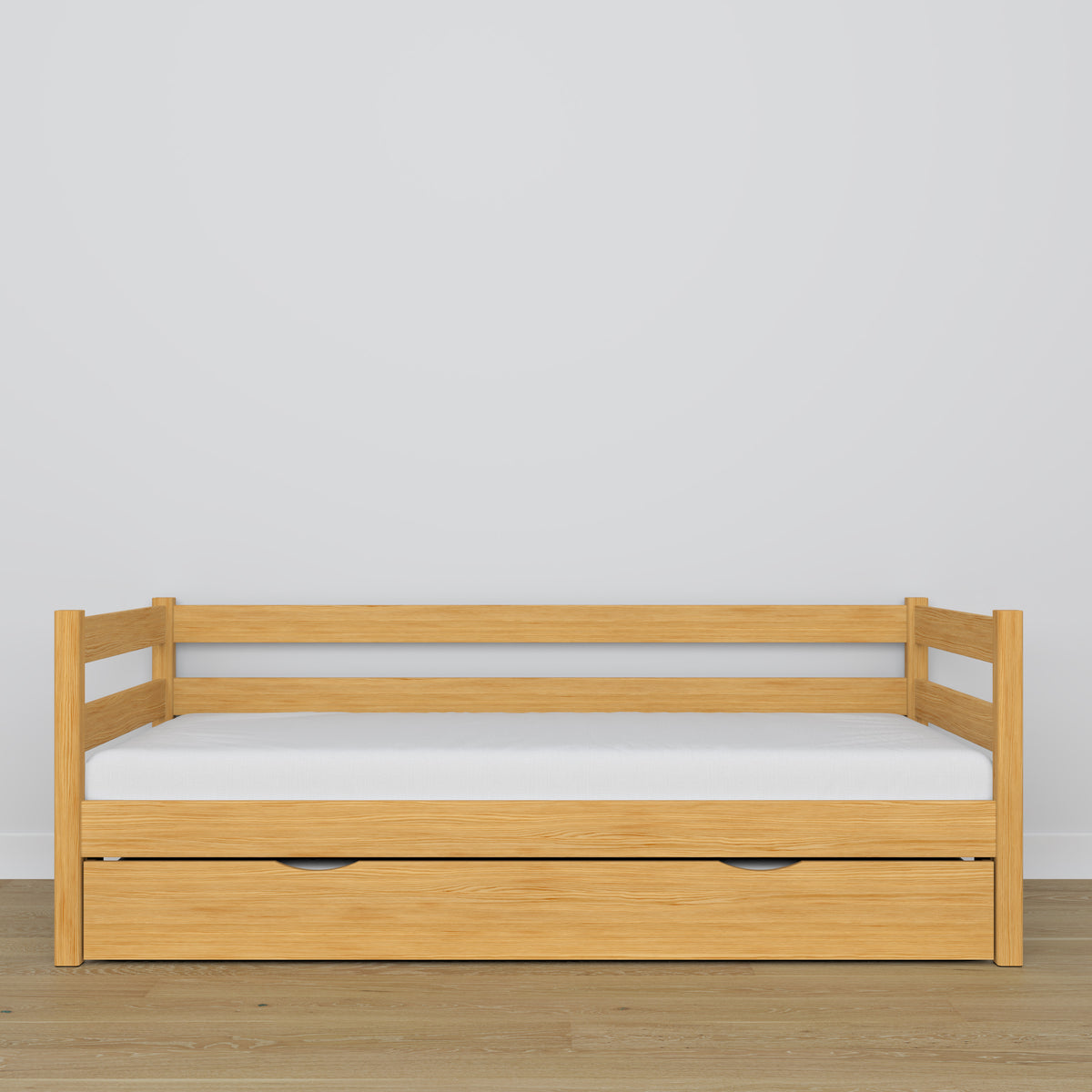 Natural pine sofa bed with mattress drawer made of wood – dimensions, Nizio