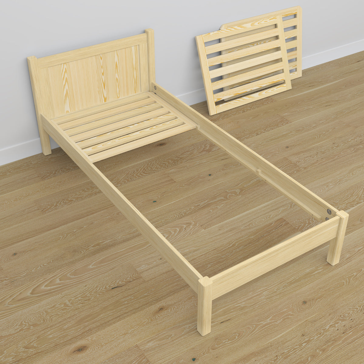 Single wooden bed clear pine – angled view, scandi children’s room