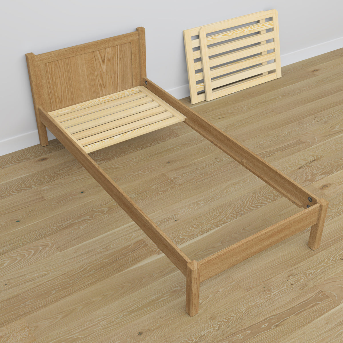 Single oak bed natural oak – angled view, scandi children’s room