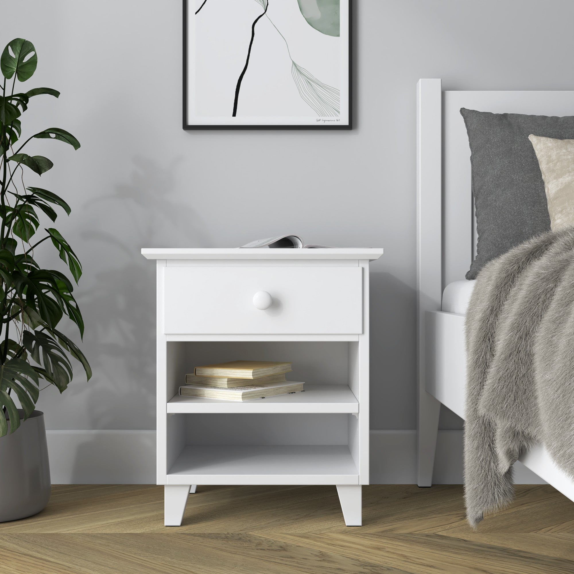 Nachttisch N02 Holz Weiß – offene Schublade, Stauraum neben dem Bett