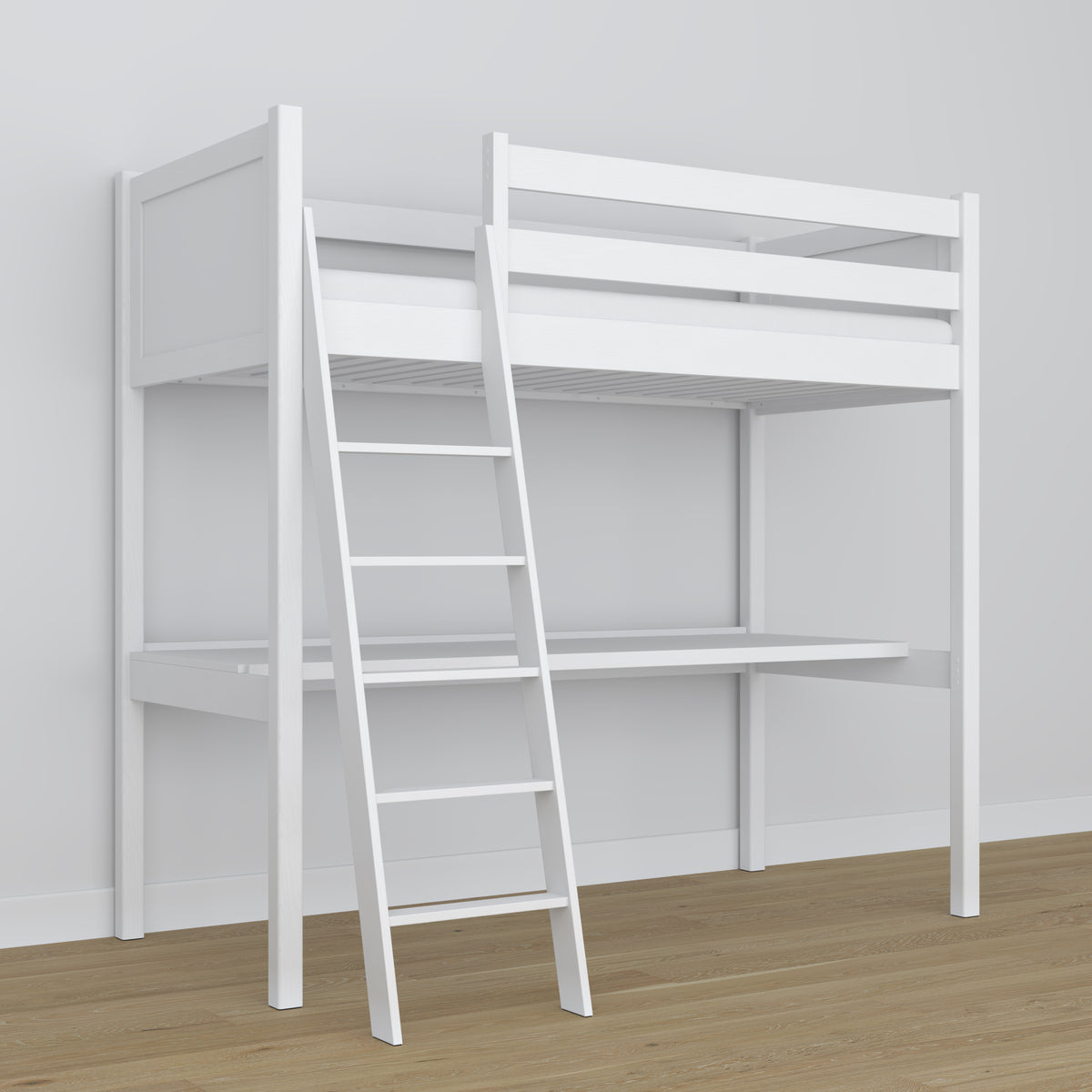 White Wooden Loft Bed with Desk – Ladder and Joint Details
