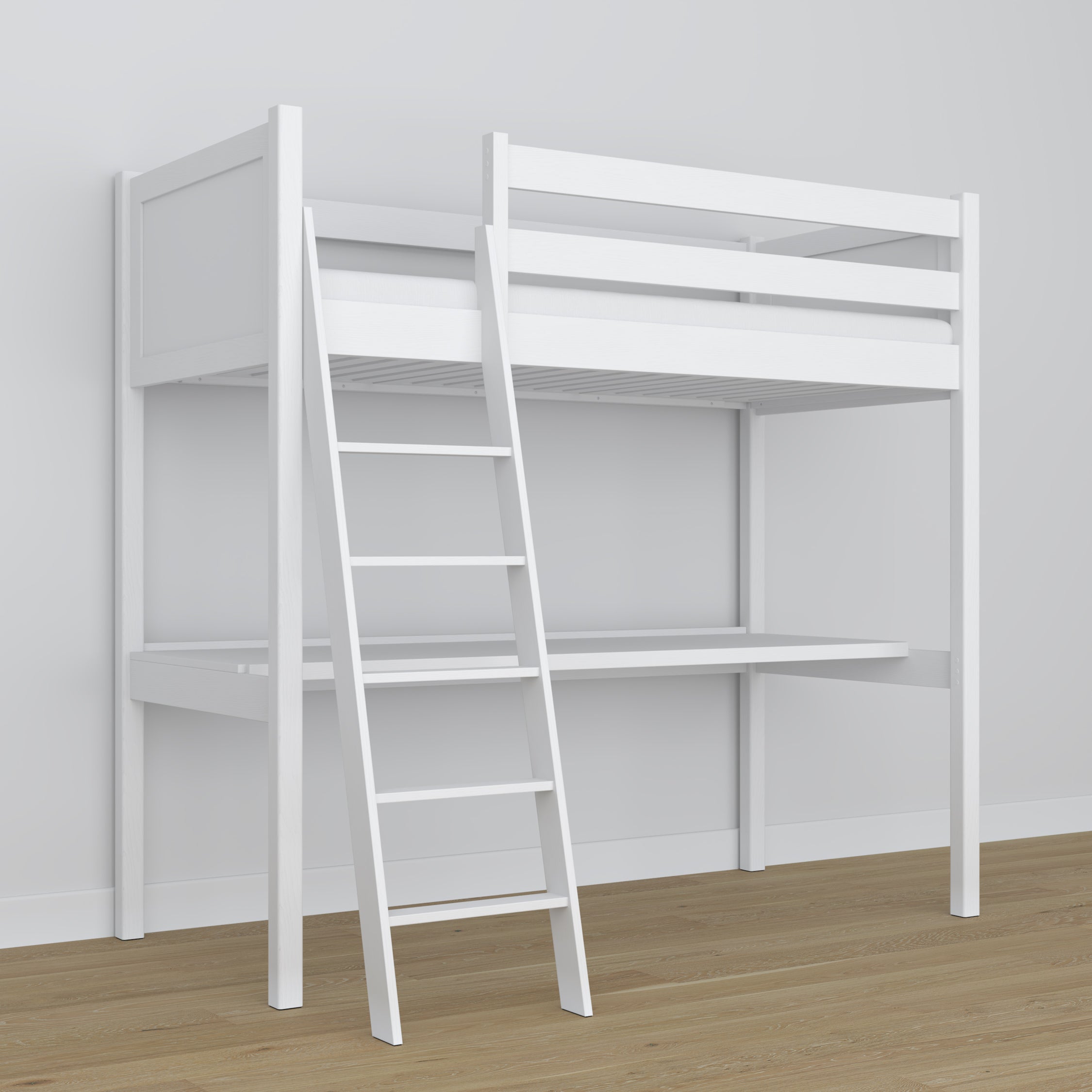 White Wooden Loft Bed with Desk – Ladder and Joint Details