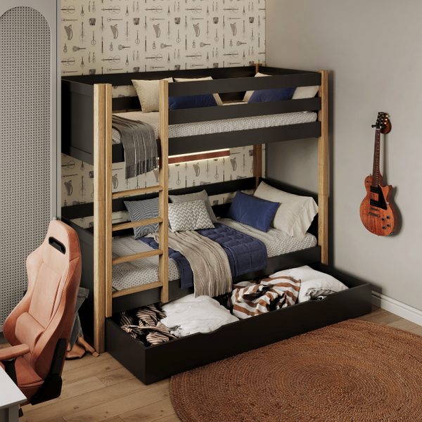 Etagenbett mit Schublade Holz Schwarz-Eiche – Kinderzimmer, Massivholz, scandi