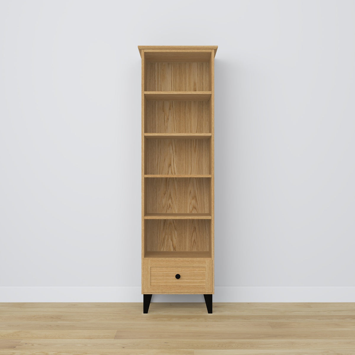 Regal mit Schublade Eichenholz Eiche natur mit Schwarz 57 cm – Wohnzimmer und Arbeitszimmer, skandinavischer Stil