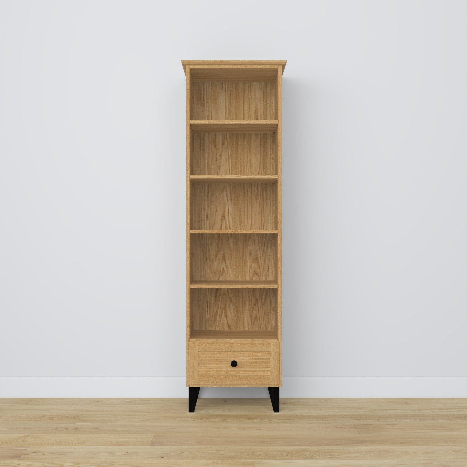 Regal mit Schublade Eichenholz Eiche natur mit Schwarz 57 cm – Wohnzimmer und Arbeitszimmer, skandinavischer Stil