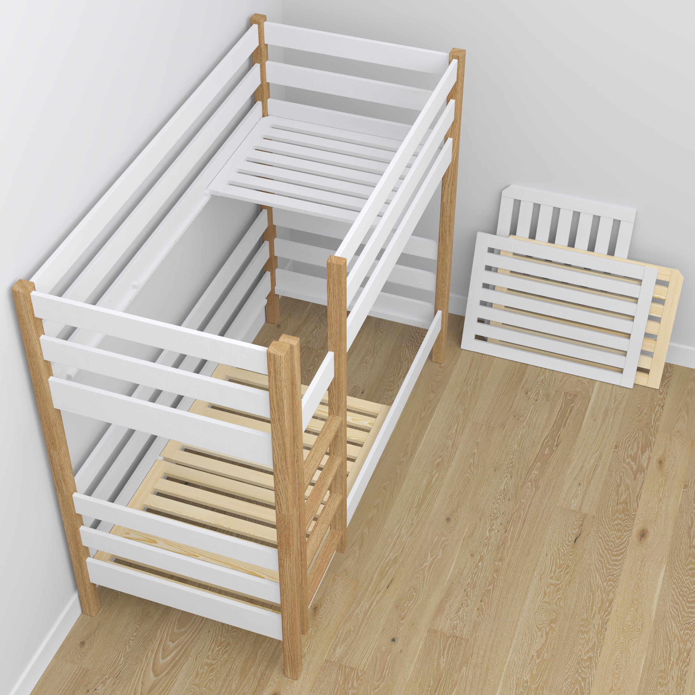 Etagenbett mit Schublade Weiß-Eiche aus Holz – skandinavisches Design, Nizio