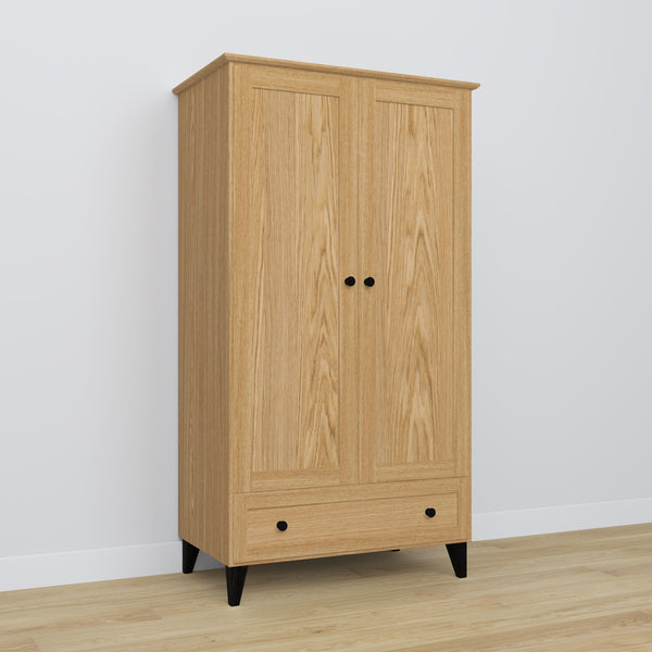 Schrank 2D1S Eichenholz Natureiche mit Schwarz – Türen geöffnet, Kleiderstange und innere Regale