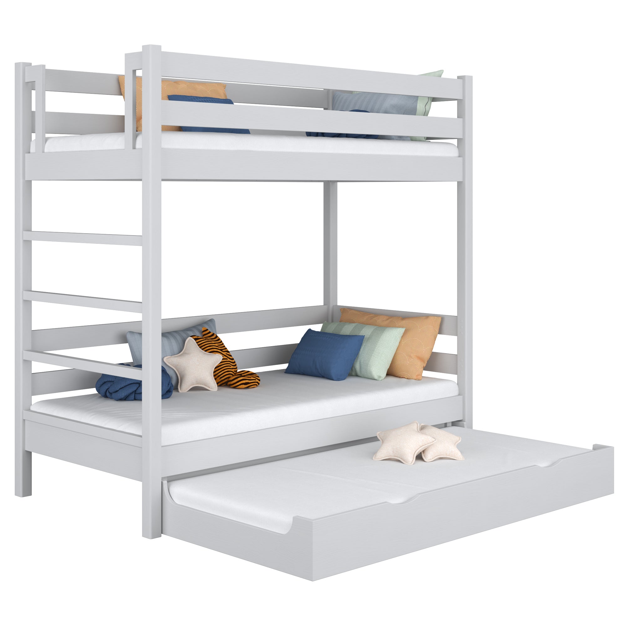 Etagenbett Aschgrau mit Matratzen-Schublade – Schutzgitter, Holz, Nizio Home