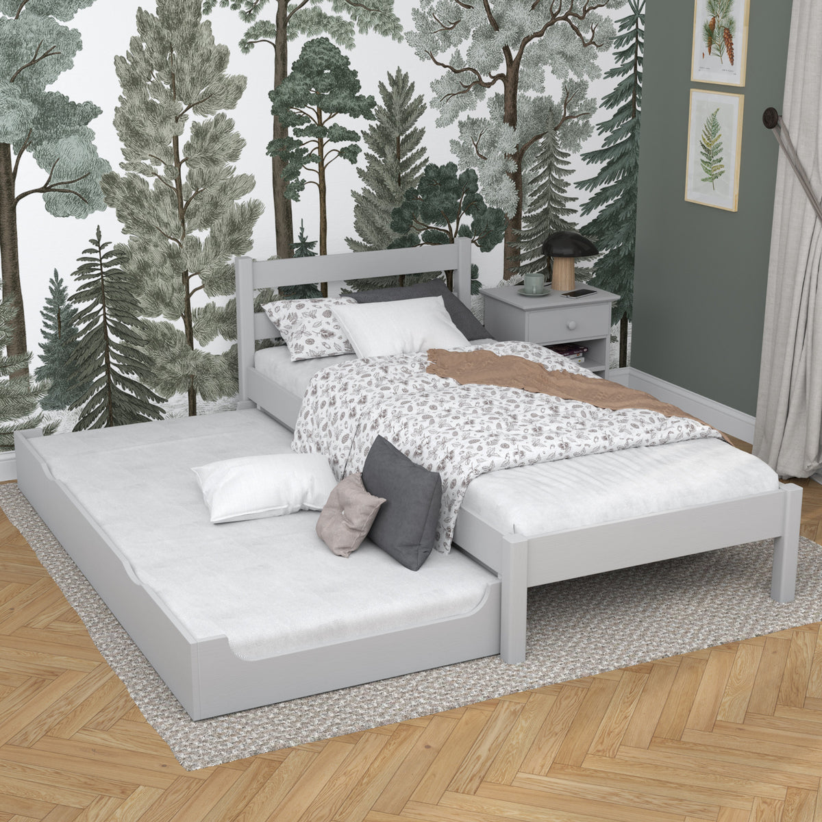 Bett mit Schublade für Matratze Holz grau – Schublade ausgezogen, Gast