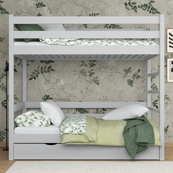 Etagenbett Aschgrau mit Schublade – Schutzgitter und Leiter aus Holz, Nizio