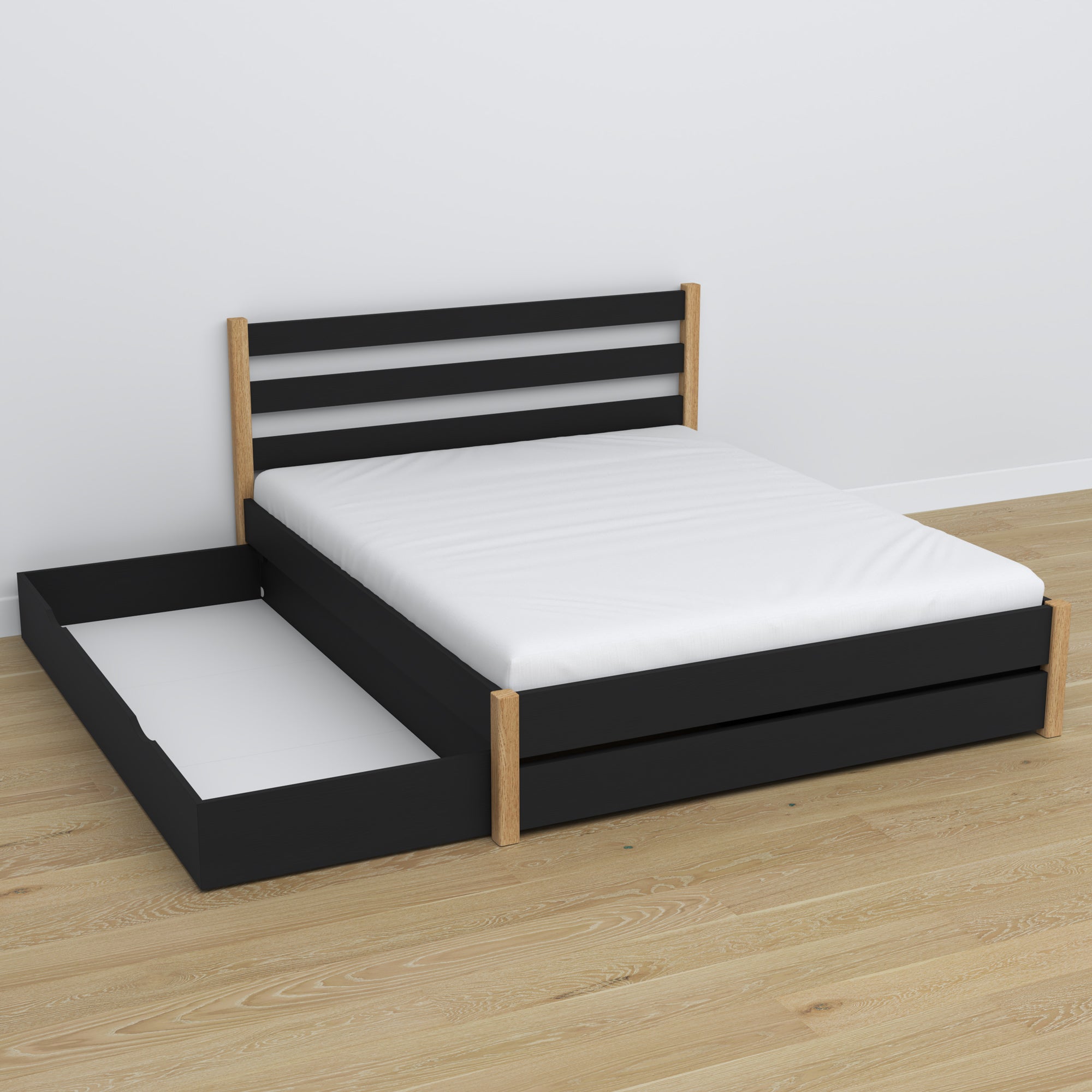 Doppelbett mit Schublade aus Holz schwarz mit Eiche – geöffnete Schublade, geräumiges Inneres
