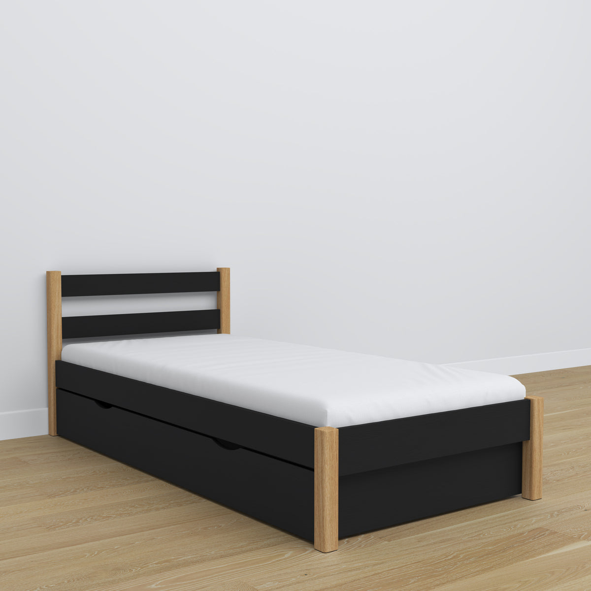 Bett mit Schublade aus Holz Schwarz-Eiche – Maße und Schema, Nizio Home