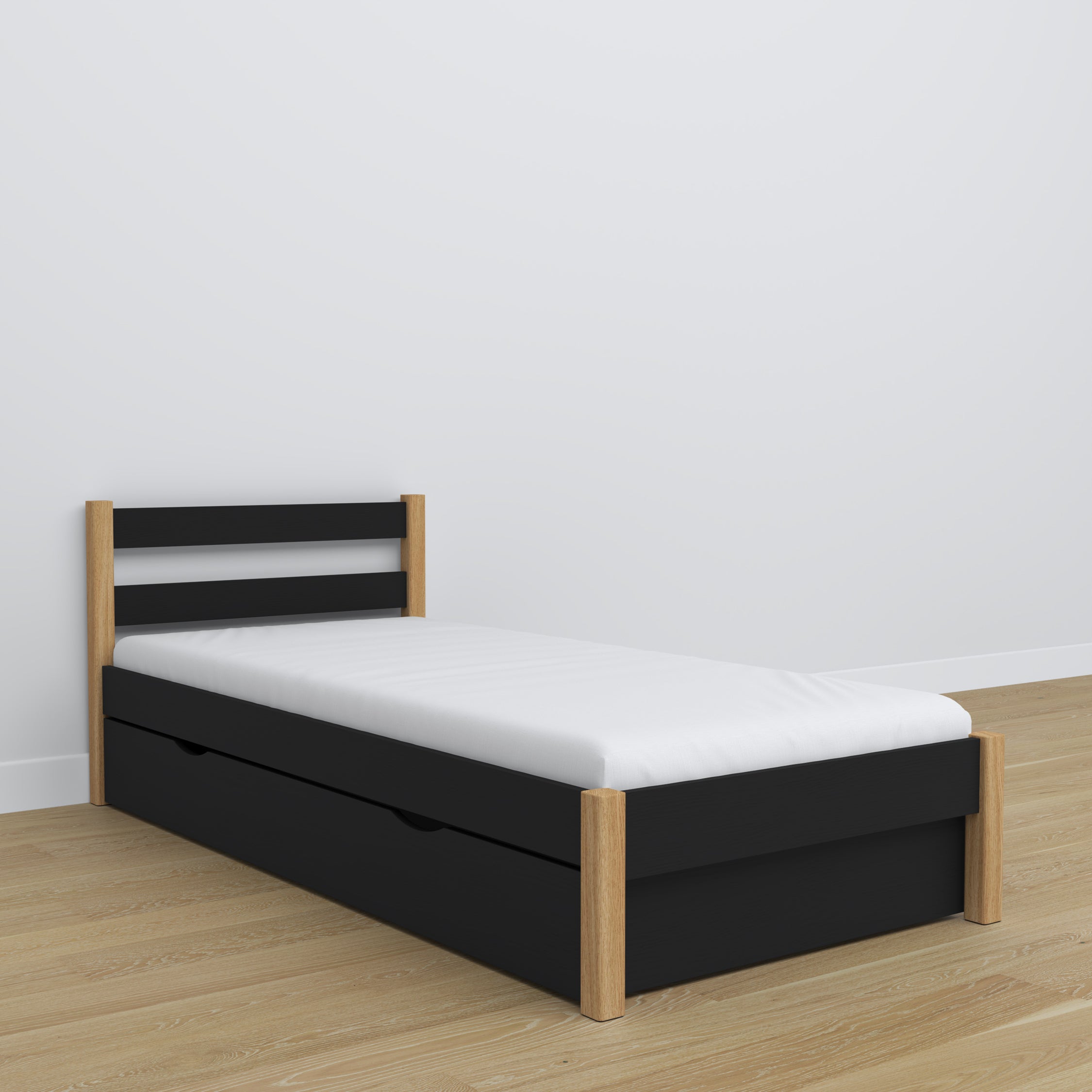 Bett mit Schublade aus Holz Schwarz-Eiche – Maße und Schema, Nizio Home