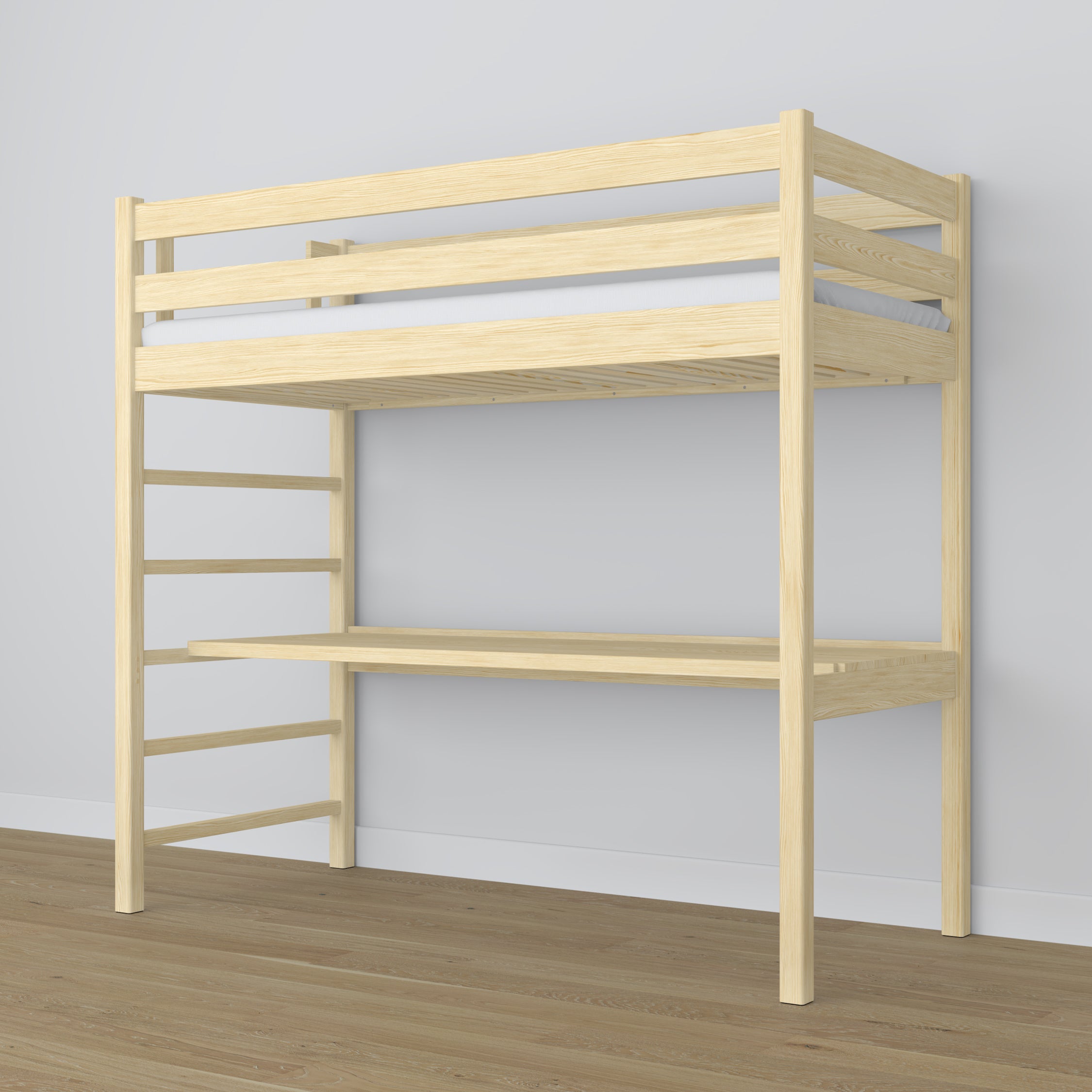 Hochbett aus Holz Kiefer farblos mit Schreibtisch – Rahmen und Slats, Nizio