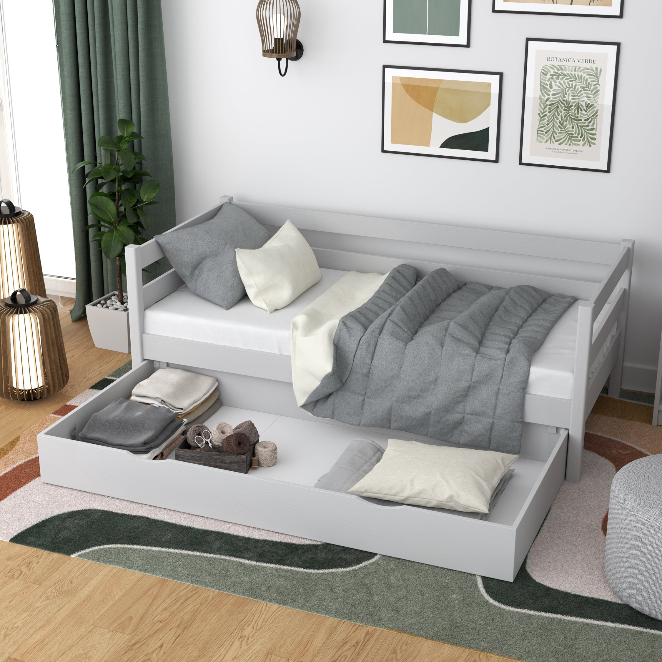 Łóżko sofa z szufladą N01 popielaty – widok z boku, solidna konstrukcja drewniana