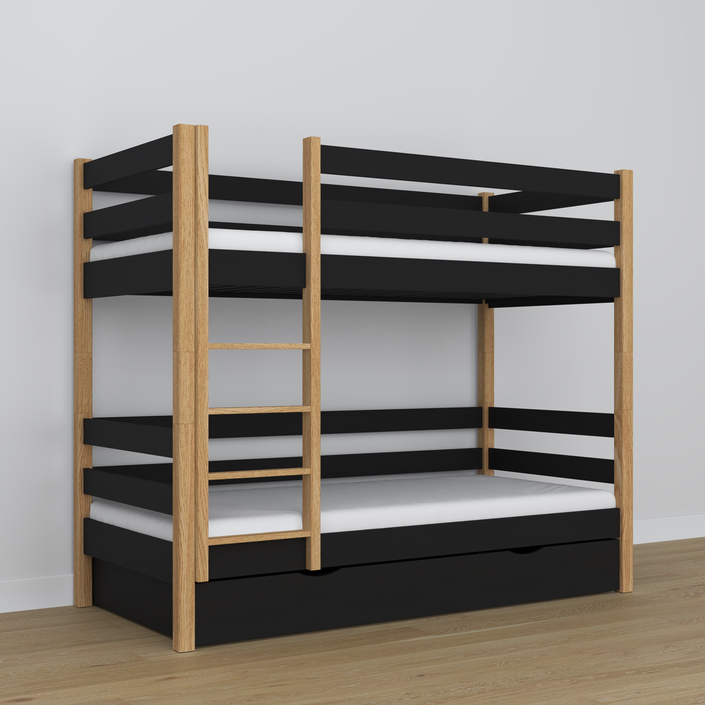 Holz-Etagenbett schwarz-eiche – Details der Verbindungen und Leiter, Kinderzimmer