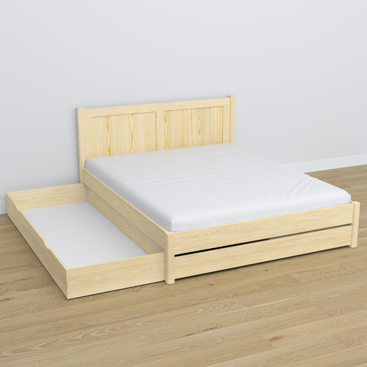 Doppelbett mit Schublade aus Holz Kiefer farblos – geöffnete Schublade, geräumiges Inneres