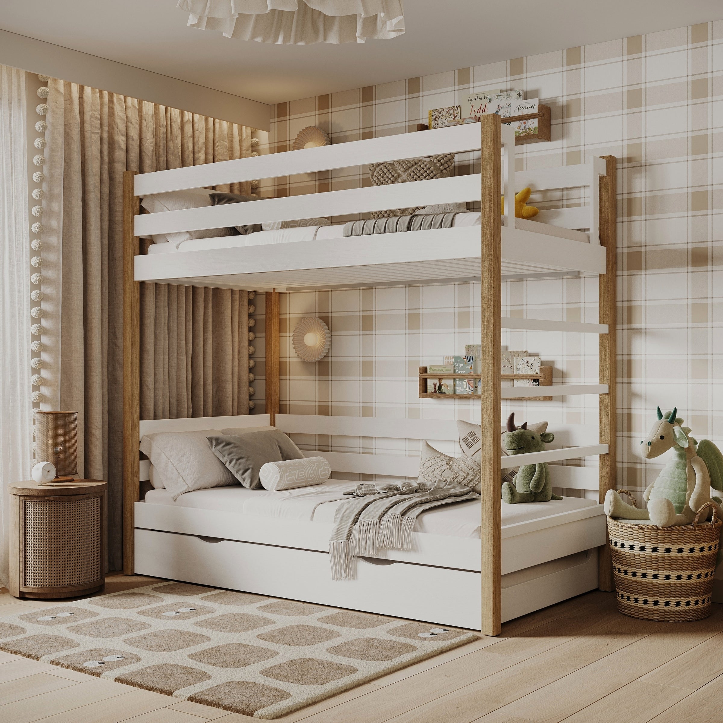 Etagenbett weiß-eiche mit Matratzen-Schublade – Schutzgeländer, aus Holz, Nizio Home