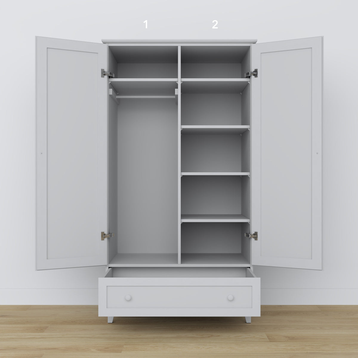Schrank 2D1S Holz grau – Türen geöffnet, Kleiderstange und innere Regale