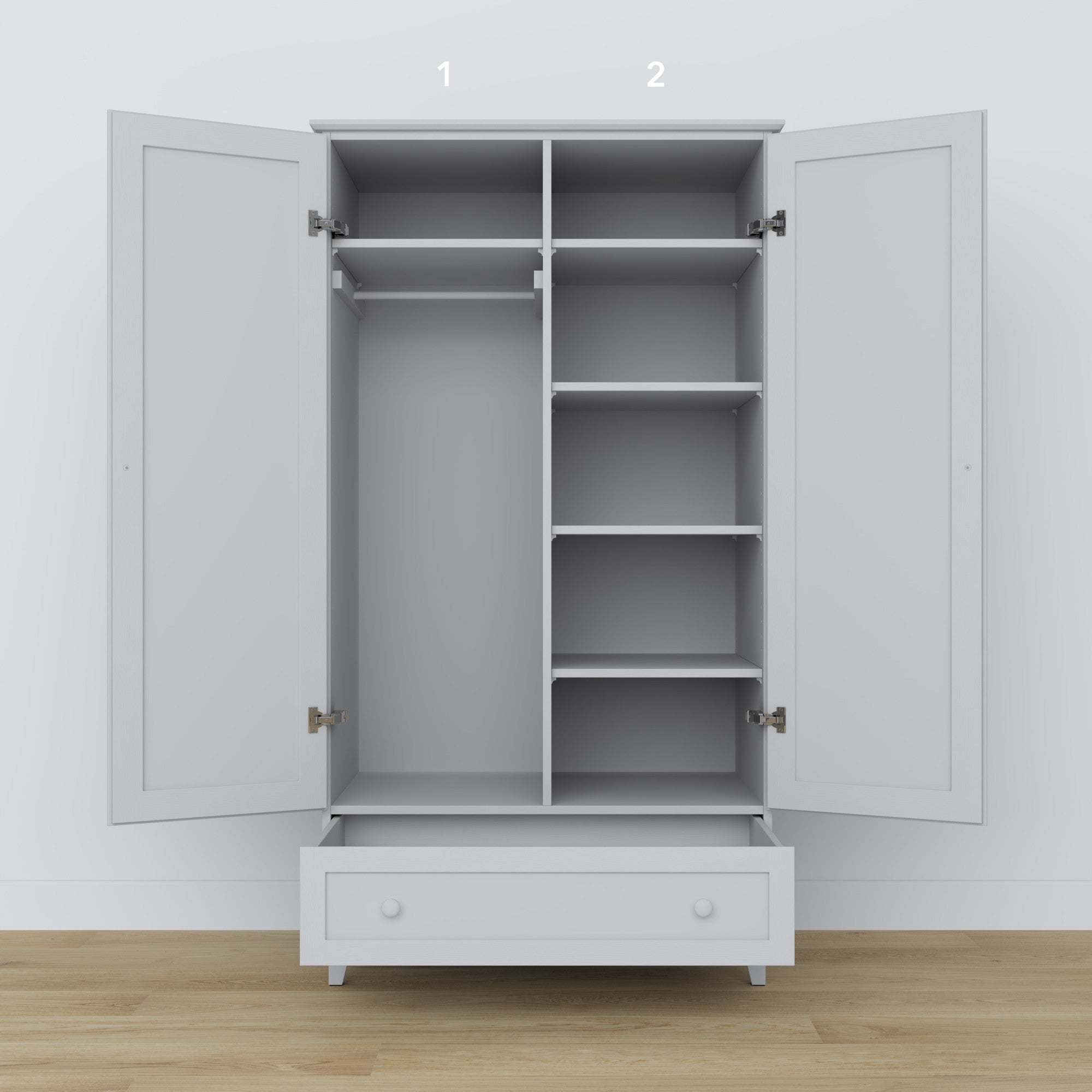 Schrank 2D1S Holz grau – Türen geöffnet, Kleiderstange und innere Regale