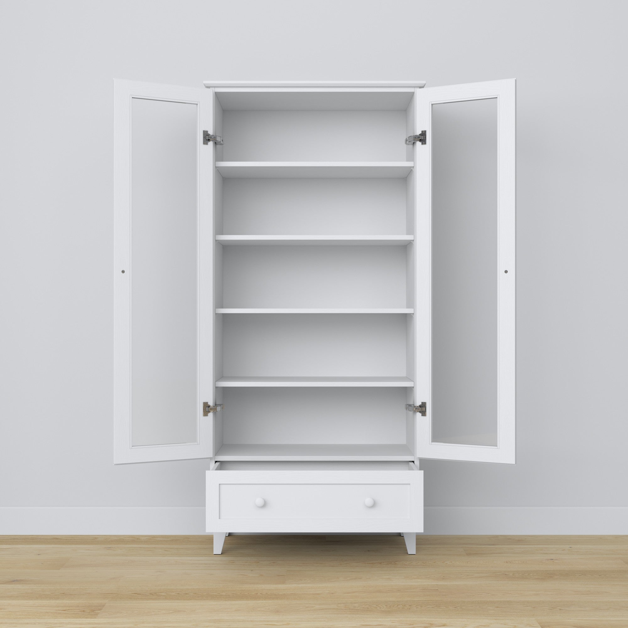 Display cabinet 1S wooden white – open doors, shelves and drawer inside