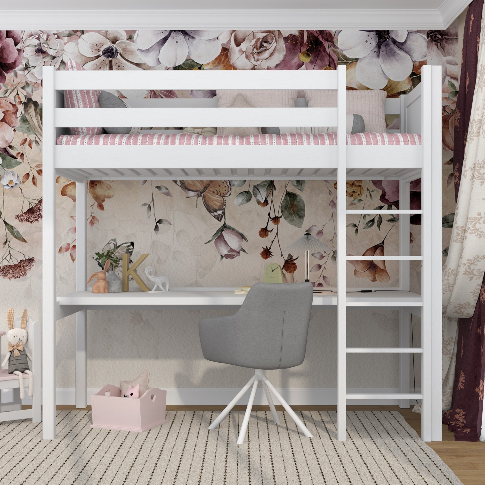 Loft bed white with desk – study space under the sleeping area, wooden