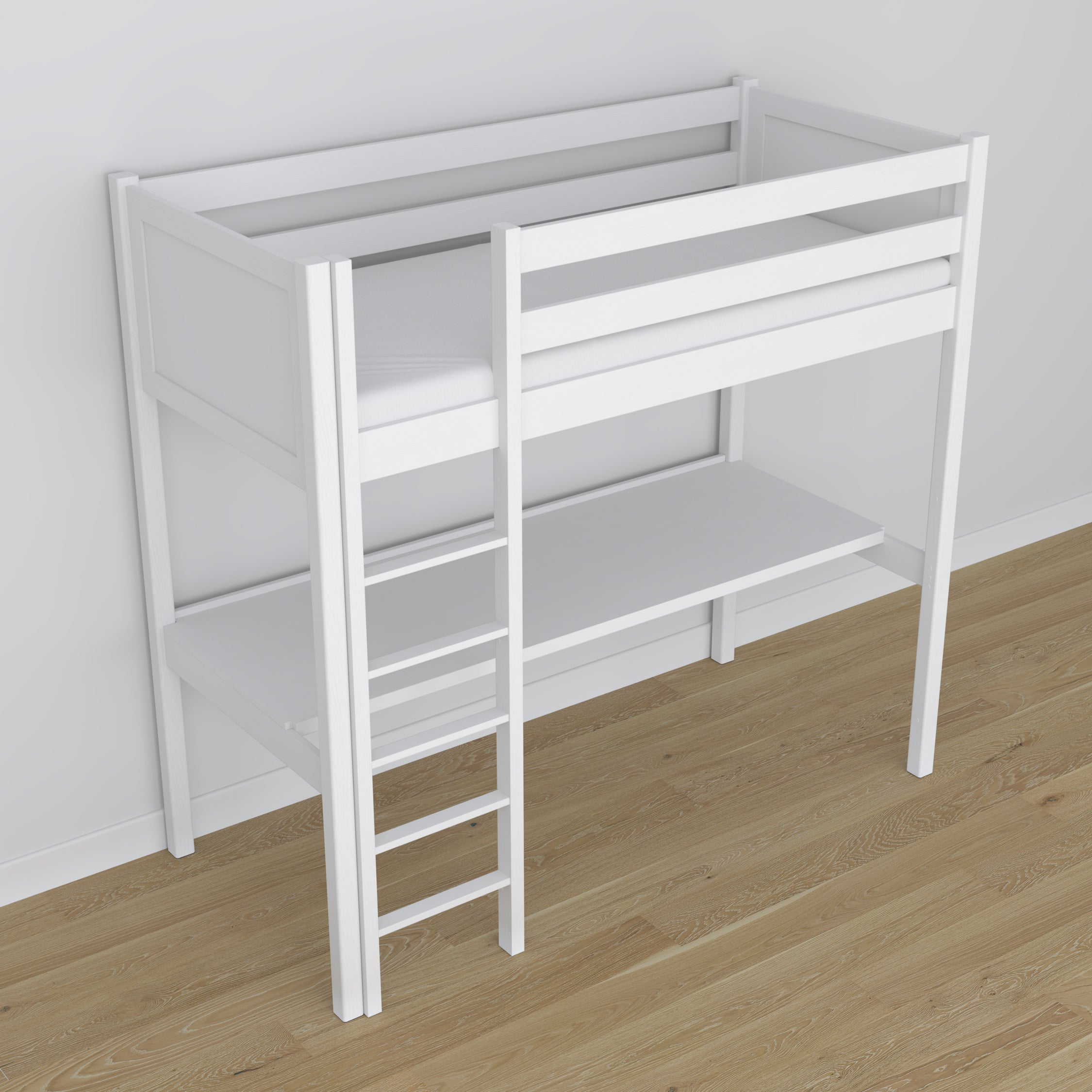 White Wooden Loft Bed with Desk – Frame and Slats, Nizio