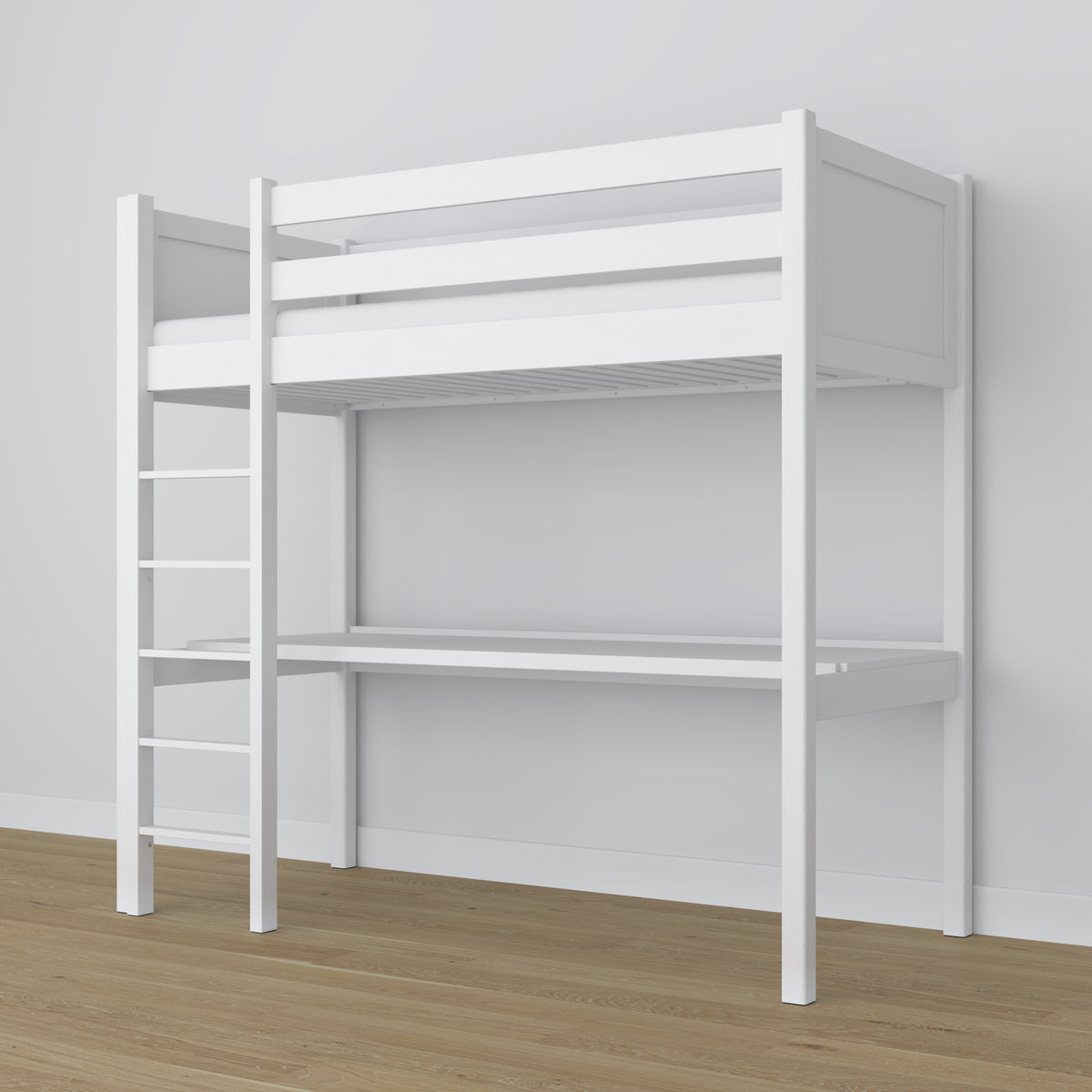 Loft bed white wooden – top view of the sleeping area, Nizio