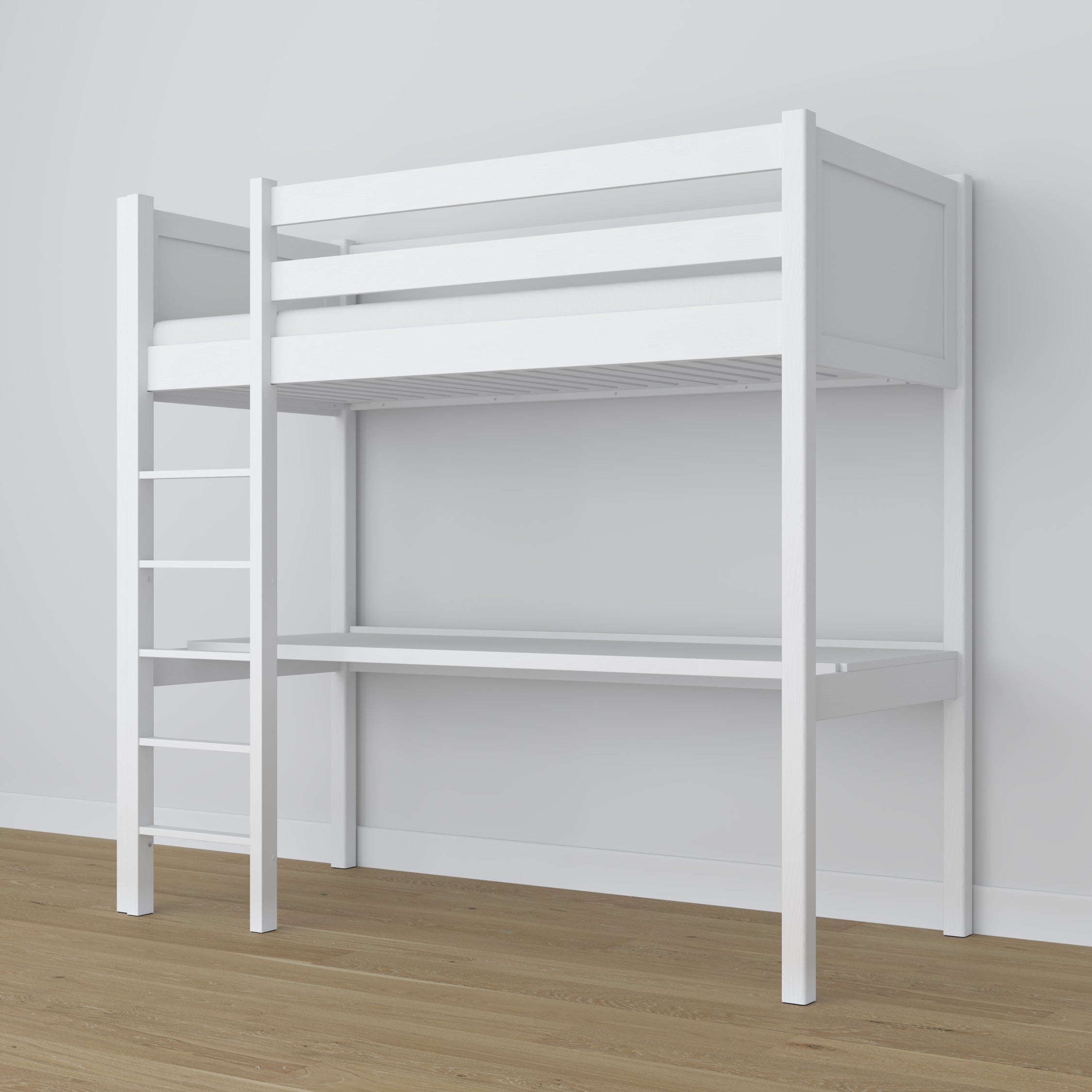 Loft bed white wooden – top view of the sleeping area, Nizio
