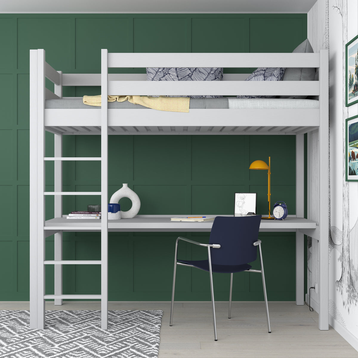 Loft bed grey with desk – study space under the sleeping area, wooden